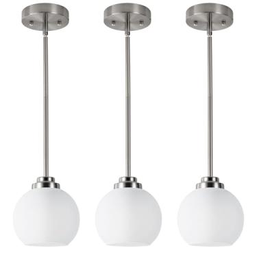 Imagem de WYNEYET Pacote com 3 lâmpadas pendentes globo, luzes de teto penduradas em níquel escovado com sombra de vidro fosco branco, luzes ajustáveis modernas para cozinha, ilha, quarto, corredor