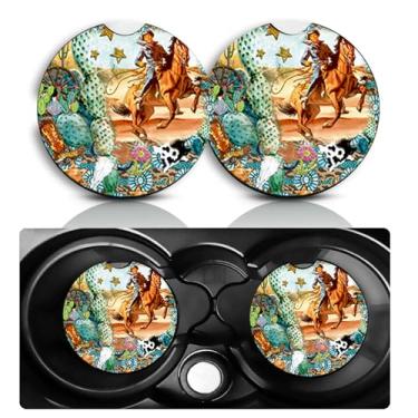 Imagem de Conjunto de 2 porta-copos de carro de cavalo ocidental – Acessórios divertidos de carro caubói 7 cm tamanho universal tapete de borracha antiderrapante embutido porta-copos de inserção automática