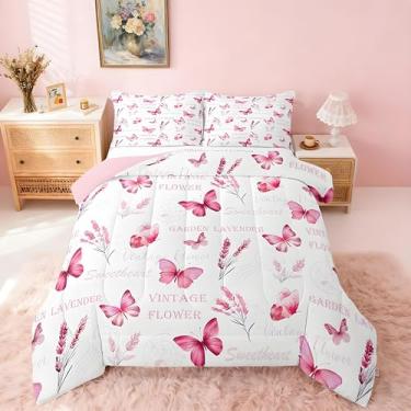 Imagem de Feelyou Conjunto de cama para meninas, borboleta, macio, para meninos e meninas, com flores de lavanda, tamanho solteiro, estética, jardim, microfibra, rosa, decoração de quarto, 2 peças com 1 fronha