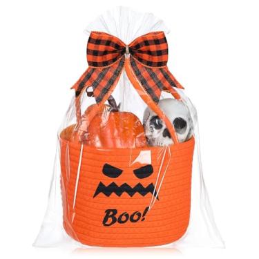 Imagem de Roshtia Cesta de abóbora de Halloween para crianças, cesta de doces ou travessuras, bonito balde de doces de abóbora, cestas pequenas assustadoras, bolsas Jack O Lantern para meninas e meninos