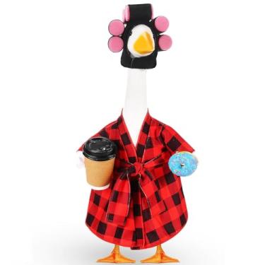 Imagem de Shyyween Roupa de Natal de Ganso Varanda de 58 cm Roupa de Estátua de Lady Goose Roupão de Banho Xadrez Vermelho e Preto Enroladores de Xícara de Café para Cimento Plástico Gramado Gansos Exterior
