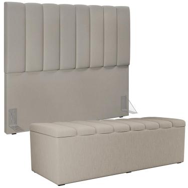 Imagem de Kit Cabeceira Cama Box Casal 140cm e Calçadeira Recamier Baú Dália W01 Linho Bege - Lyam Decor