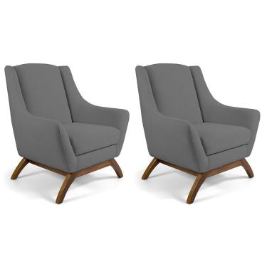 Imagem de Kit 02 Poltronas Decorativa Fixa Base de Madeira Juliet D02 Linho Cinza C-416 - Lyam Decor