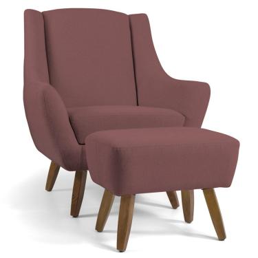 Imagem de Poltrona Decorativa Fixa com Puff Pés de Madeira Juliet D02 Veludo Rosê C-305 - Lyam Decor