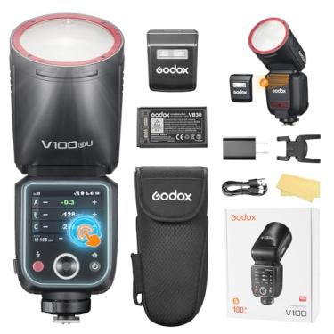 Imagem de Godox Flash V100S versão EUA para câmera Sony 100W TTL Global Shutter Round Head Flash com tela sensível ao toque 2980mAh Battrey 70 Full Power Flash consecutivo para Sony ZV-E10, α77II, α99, α77