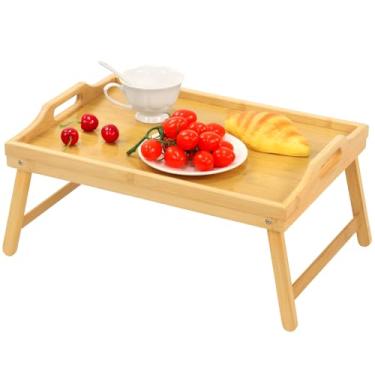 Imagem de Bandeja de bambu para café da manhã, 1 pacote com pernas dobráveis e suporte de telefone