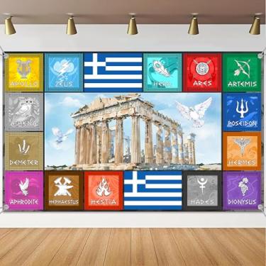 Imagem de Decorações de faixa de festa de mitologia grega - Decoração de aniversário de Percy Jackson com pano de fundo 179,8 x 110 cm, suprimentos de festa da Grécia Antiga para aniversário, formatura