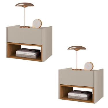 Imagem de Conjunto De Mesa Cabeceira Quarto Florença Suspensa 1 Gaveta Off White cedro