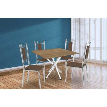 Imagem de Conjunto: Mesa Sala Jantar Volga C- Tampo De Madeira 90cm E 4 Cadeiras Lisboa Cromado-nogueira - Marrom - Kappesberg