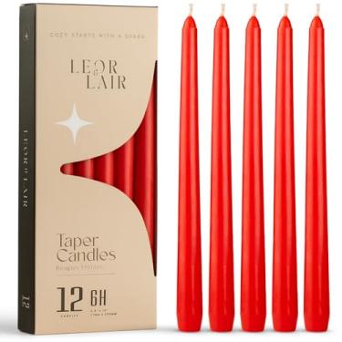 Imagem de Leor & Lair Velas vermelhas afuniladas – Pacote com 12 castiçais de Natal de 25,4 cm – Velas vermelhas longas sem cheiro para o dia dos namorados, Natal, mesa de jantar, casamentos, restaurantes e