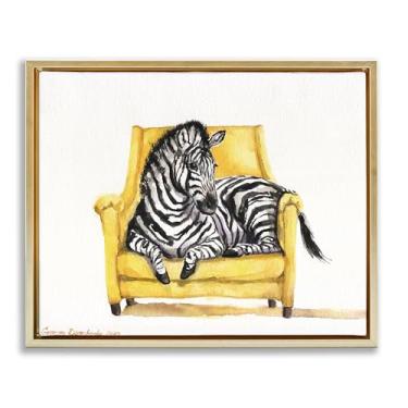 Imagem de Stupell Industries Linda zebra em cadeira amarela moldura preta flutuante, arte de parede, design por George Dyachenko, 43 x 53 cm