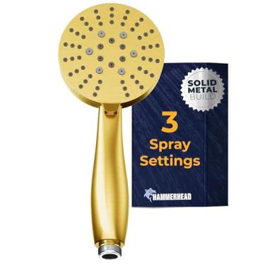 Imagem de HammerHead Showers Chuveiro de mão ALL METAL com 3 sprays, ouro escovado | Selecione entre sprays largos, massageadores e névoa | Chuveiro portátil de alto fluxo de 2,5 GPM | Feito de aço inoxidável