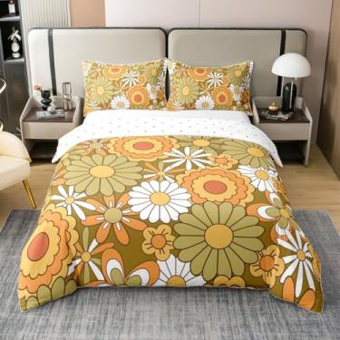 Imagem de Conjunto de capa de edredom hippie margarida, 100% algodão natural, solteiro, anos 70, vintage, groovy, planta, flor, sem enchimento, 2 peças, capa de edredom de algodão amarelo branco rústico floral