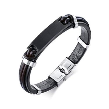 Imagem de Rockyu Pulseira masculina preta de aço inoxidável, acabamento de pulseira de couro legítimo, acessório de moda simples, couro, aço inoxidável, sem pedra preciosa