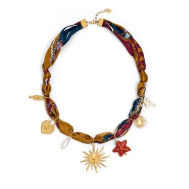 Imagem de RAUCHBE Colar de cachecol marrom com pingente sol/pérola/estrela do mar, bandana vintage, gargantilha grossa, joia feminina de Natal