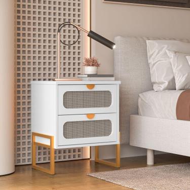 Imagem de Mesa De Cabeceira Titanium Estilo Industrial Com Pés De Ferro - Branco / Dourado