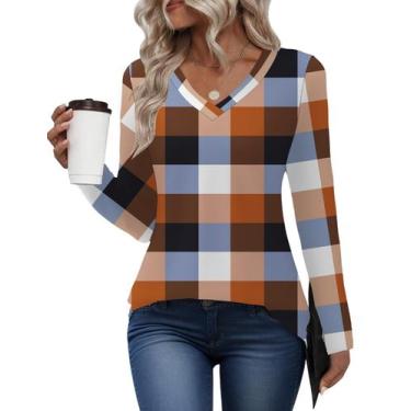 Imagem de Camisas de manga comprida com decote em V AKEWEI Blusas casuais elegan