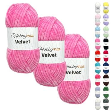 Imagem de HobbyMia Veludo - fio de chenille para crochê - 100 g / 132 jardas - (6) super volumoso - fio fofo para crochê - cobertor de bebê, amigurumi, xale (rosa - rosa, 3 novelos)