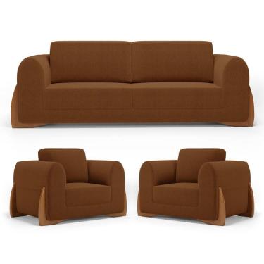 Imagem de Kit 02 Poltronas E 01 Sofá Bloom 180cm 02 Lugares Com Pés De Madeira Bouclê Terracota - Abmaza