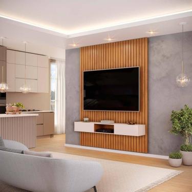 Imagem de Painel Ripado Com Bancada Suspensa Para Tv Até 65 Polegadas 183 Trento Freijó/off White - Dj Móveis