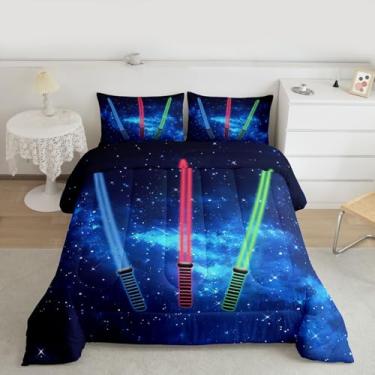 Imagem de Homewish Conjunto de edredom Queen com sabre de luz para adolescentes, universo, galáxia, para decoração de quarto de crianças, meninos, meninas, verde, vermelho, azul, sabre de luz, enchimento de