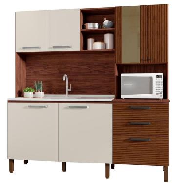 Imagem de Cozinha Compacta 7 Portas 2 Gavetas 182 Cm Mega Nogueira Off White Cp Ripado Ktp