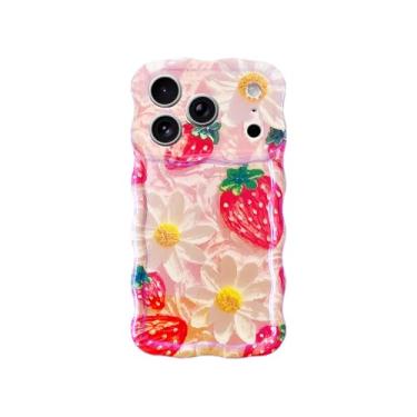 Imagem de Capa de telefone de morango vermelho para iPhone 17 Pro de 6,3 polegadas, retrô, elegante, brilhante, pintura a óleo, flor, brilhante, brilhante, a laser, fruta, durável, à prova de choque, capa de