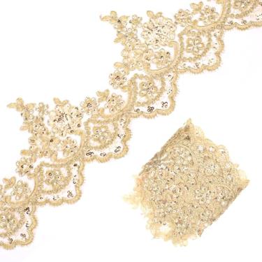 Imagem de Acabamento dourado de 2 jardas para costura de lantejoulas e flores, aplique de fita de renda para artesanato, roupas, faça você mesmo, casamento, decoração de casa