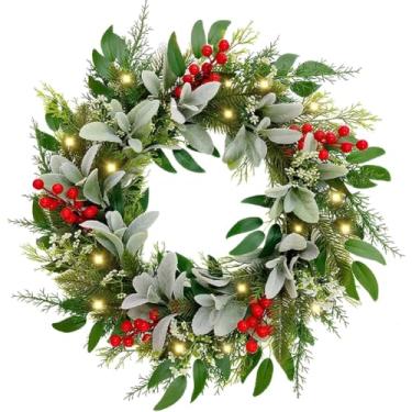 Imagem de Enfeite de guirlanda de Natal para porta da frente de 50 cm com luzes de LED, bagas de pinha, guirlanda de pinheiro artificial, enfeite decorativo para pendurar na porta da frente, ao ar livre (baga)