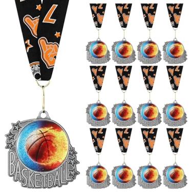 Imagem de Seenelling Troféu de bola esportiva de metal com fita de pescoço para presente para participar de jogos esportivos (24 peças, basquete)