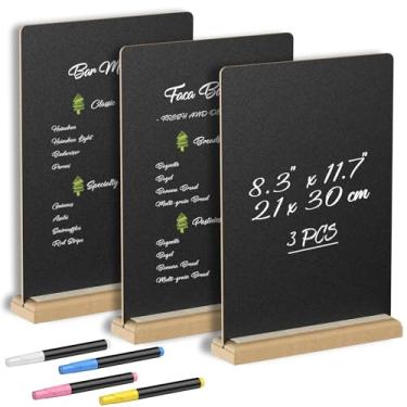 Imagem de Uniclife Placa de quadro negro de mesa A4 de 3 peças com suporte e marcadores de giz, 21 x 29 cm, placa de giz de madeira dupla face para mesas, quadro de menu para bar, restaurante, casamento