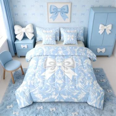 Imagem de Erosebridal Jogo de cama casal com gravata borboleta branca, damasco, 7 peças, lençol com laço e fronhas, estilo barroco vitoriano, para crianças e meninas