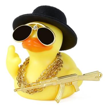 Imagem de BOZILY Pato de borracha engraçado com kit de acessórios – Decoração exclusiva de painel de carro faça você mesmo, inclui cartola, óculos de sol, 3 colares de ouro, AK47, fita, material de borracha