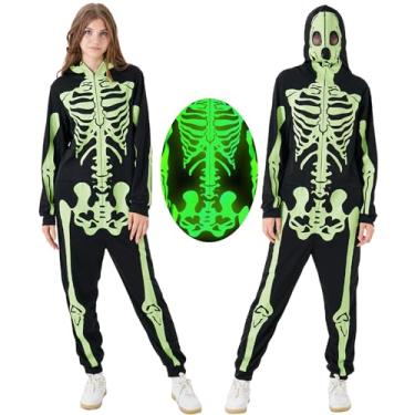 Imagem de PARTISKY Adult Onesie Skeleton Costume Women & Men, Glow in the Dark Halloween Skeleton Jumpsuit with Zipper Hooded