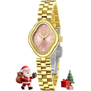 Imagem de OLEVS Relógio feminino elegante dourado luxuoso de aço inoxidável à prova d'água luminoso, L5666: pulseira dourada e mostrador rosa, Presente de festa clássico casual de luxo