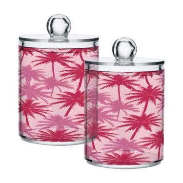 Imagem de Qilmy Qtip Suporte de 400 ml, frasco de armazenamento de boticário de plástico transparente rosa palmeira havaiana com tampa, dispensador de recipiente de banheiro para bola de algodão, cotonete, fio