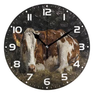 Imagem de JUZIHAI Relógio de parede branco marrom vaca silencioso, sem tique-taque, relógios de parede redondos operados por bateria, fácil de ler, relógio decorativo de parede para casa, cozinha, sala de estar