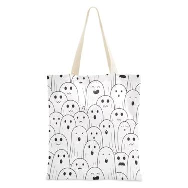 Imagem de JUZIHAI Sacola de lona de Halloween, bolsa temática reutilizável Halloween Boo com bolso interno, bolsa de viagem para festa de compras de grande capacidade