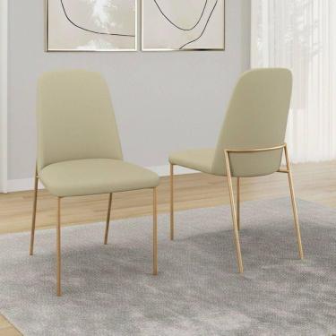 Imagem de Kit 02 Cadeiras Sala De Jantar Lior Com Encosto Estofado Base Dourada Linho Bege - Desk Design