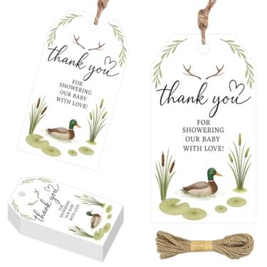 Imagem de 50 etiquetas de presente temáticas de pato selvagem, design retangular de pato e lírio d'água com fio de juta, etiquetas de presente de papel para chá de bebê, lembrancinhas de festa de animais de