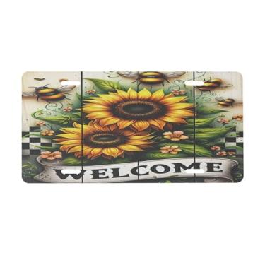 Imagem de Placa de licença de abelha de girassol de madeira para placas de carro dianteiras de alumínio metal adequado para caminhão, placa de porta de carro, bar, café, acessórios automotivos para homens e