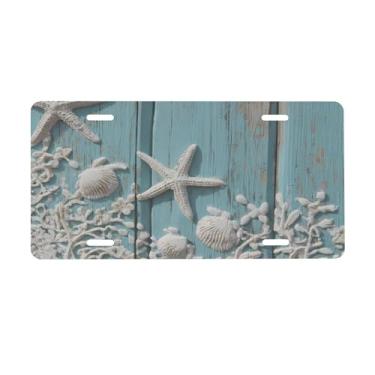 Imagem de Placa de licença de estrela do mar azul-petróleo de madeira para placas dianteiras de carro alumínio metal adequado para caminhão, placa de porta de carro, bar, café, acessórios automotivos para