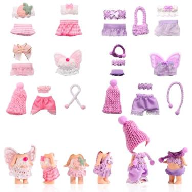 Imagem de 10 Peças Conjunto com Roupa para Bonecas de 7,5 a 8cm, Incluindo Blusas Saias Calças Chapéus Cachecóis Asas Acessórios de Moda Bonecas Ideais para Exibição e Decoração (Rosa e Roxo)