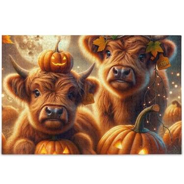 Imagem de Quebra-cabeças personalizados de Halloween Highland Cow Pumpkin 1000 peças para adultos paisagem arte animal único quebra-cabeça colorido família elefantes brancos presentes, 75 cm x 50 cm