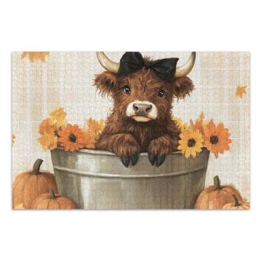 Imagem de Quebra-cabeça outono highland vaca abóbora 1000 peças para adultos presentes elefante branco engraçado colorido arte arte animal impressão, 75 x 40 centímetros