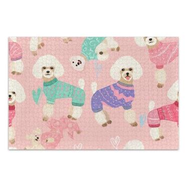 Imagem de Cute Poodles Dogs Pink Jigsaw 1000 quebra-cabeças para adultos elefante branco mordaça presente quebra-cabeça cenário arte floral, 75 x 40 centímetros