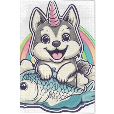Imagem de Quebra-cabeça personalizado de desenho animado de peixe de cachorro fofo adulto 500 peças decoração de arte com estampa de animais legais presentes para jogo de elefante branco, 52 x 37,8 cm