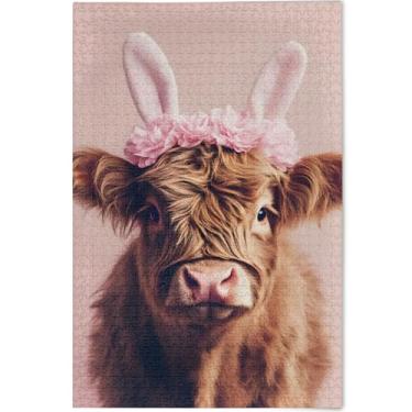 Imagem de Quebra-cabeça de coelhinho de vaca das terras altas da Páscoa, 500 peças, presentes para adultos, para jogo de elefante branco, arte personalizada, quebra-cabeças rígidos, pintura animal, 52 x 37,8 cm