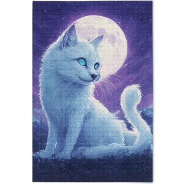 Imagem de Quebra-cabeça de gato fofo noite lua 500 peças presentes de festa elefante branco presentes exclusivos para adultos arte animal desenho animado personalizado, 52 cm x 37,8 cm