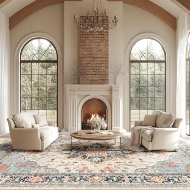 Imagem de RELEANY Tapetes de área 25 x 35 cm, lavável, antiderrapante, estampa floral, vintage, tapete medalhão para sala de estar, quarto, sala de jantar, bege, azul marinho, laranja, colorido